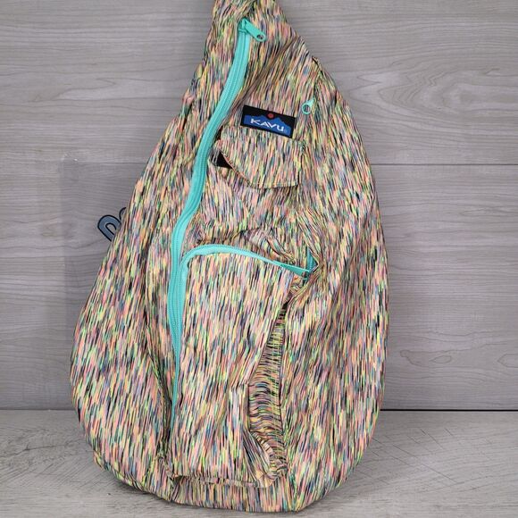 KAVU Ropercise Rope Sling Crossbody Bag Multicolor Neon Stripe Pattern EXCELLENT - Picture 1 of 9